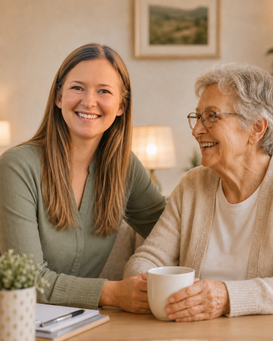 Kali sharing a warm conversation over tea with an older woman in her home